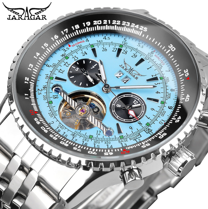 Jaragar 2017 Flying Series Golden Bezel Scale Dial Design Stainless Steel Mens Watch Top Brand Luxury Automatic Mechanical Watch