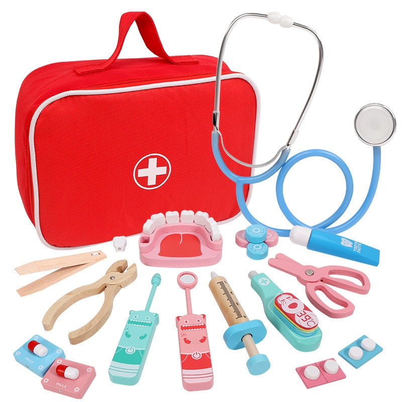 Juego de juguetes de doctor para niños, juego de simulación de madera para niños, juegos para niñas y niños, caja de medicina roja para dentista, bolsas de tela