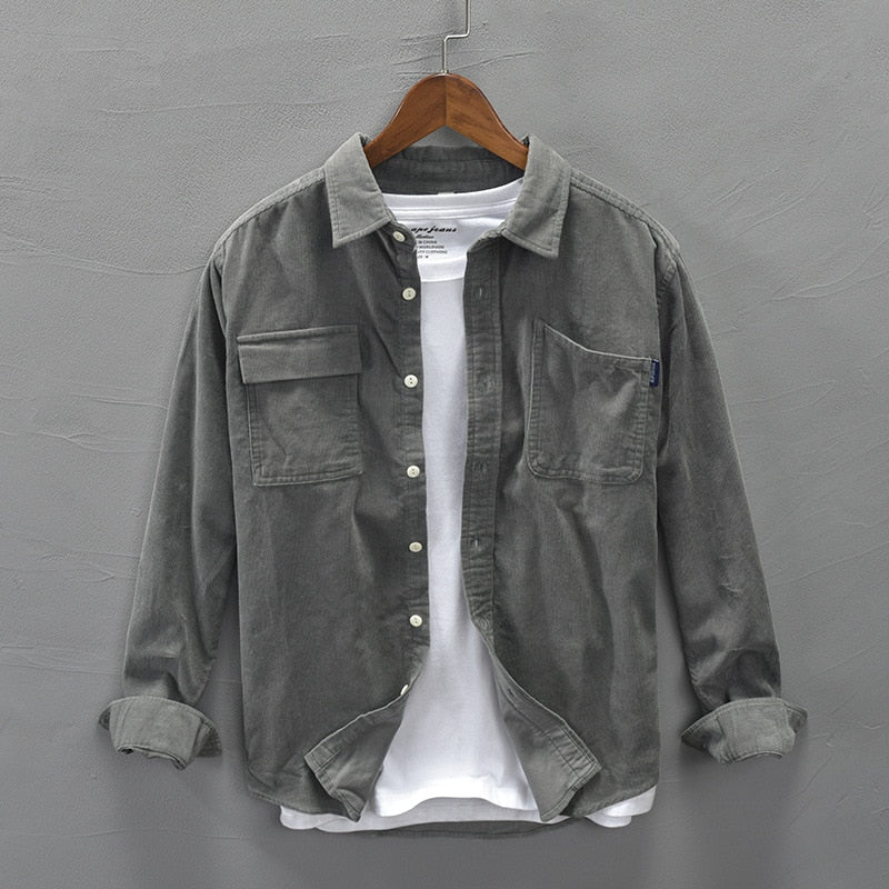 Otoño Invierno hombres de pana camisa de algodón puro de manga larga bolsillos Vintage cálido fino gris Casual Top ropa de trabajo Gml04-C312