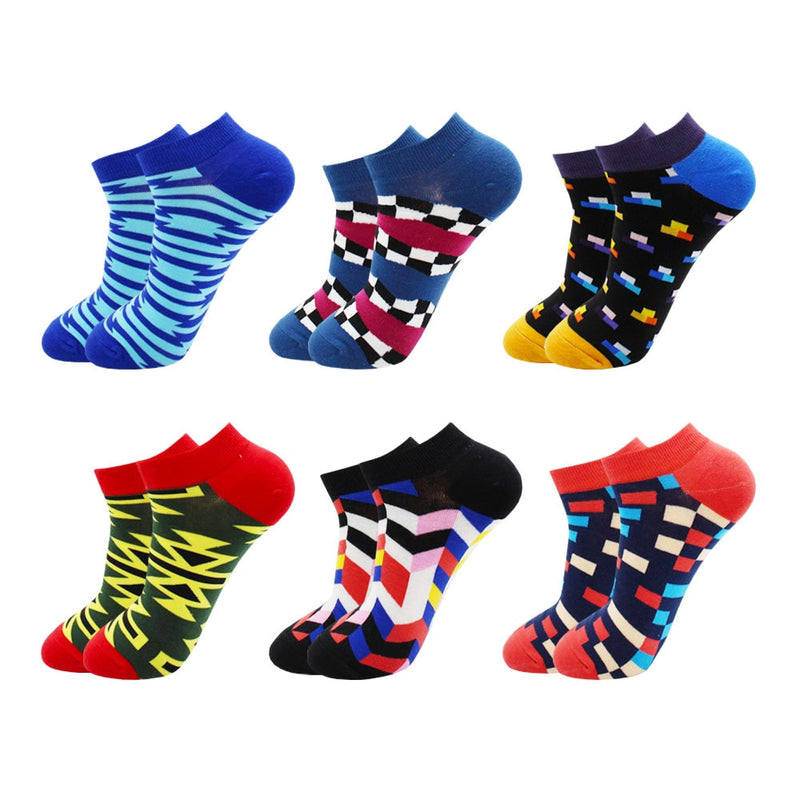 6-12 Pairs Novelty Funny Casual Ankle Socks Fashion Colorful Harajuku Fruit Animal Grid Cotton Men Socks Slippers