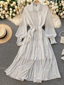 Spring And Summer French Vintage Maxi Dress 2021 Sundress Ladies Long Sleeve Orange Polka Dot Chiffon Pleated Dresses Femme Robe