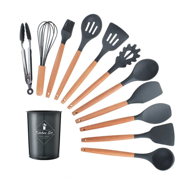 9-13Pcs Cooking Tools Set Premium Silicone Kitchen Cooking Utensils Set with Storage Box Turner Tongs Spatula Soup Spoon