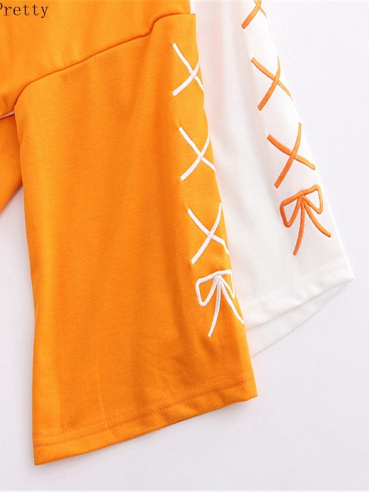 Korean Fashion Summer Women T-shirt Kawaii Clothes Orange Embroidery Patchwork Short Sleeve Cotton T Shirt Cute Sweet Girls Tops