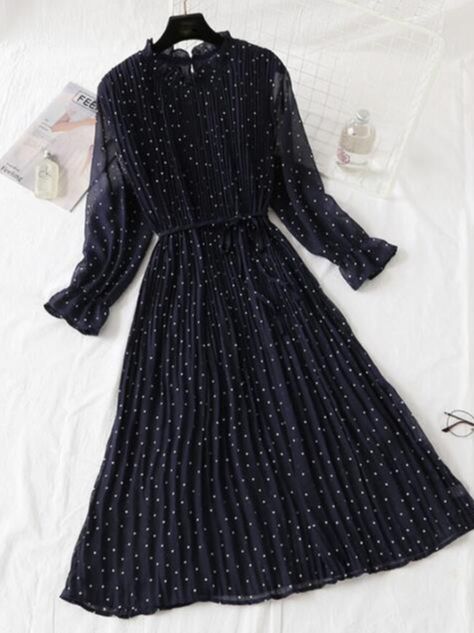 2022 New Women Spring Print Dresses Long Sleeve Chiffon Pleated Dress Casual Ruffle Flare Sleeve Long Dress Loose Vestidos