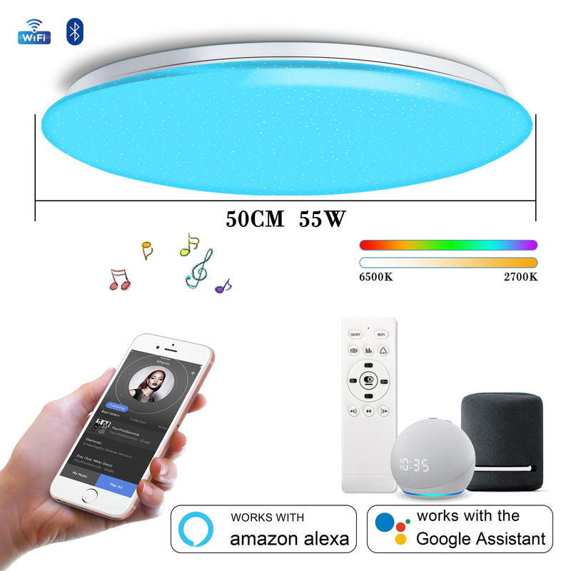 Intelligente Deckenleuchten mit Lautsprecher RGB-Farbe Dimmbare APP-Fernbedienung Sprachsteuerung mit Alexa 55W 45W für Wohnzimmer Schlafzimmer