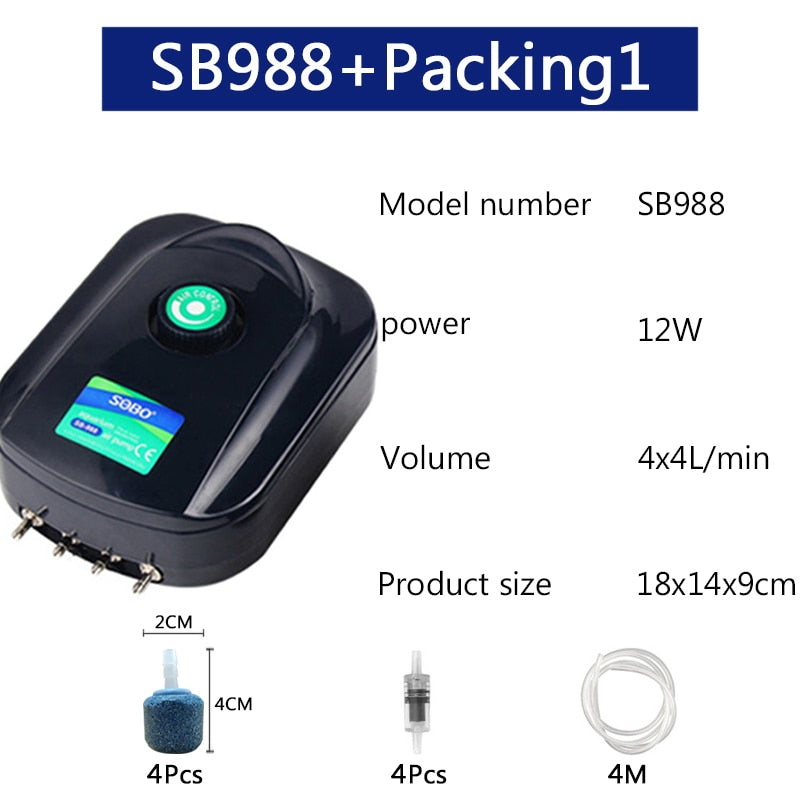 SOBO alta potencia 8w 12w bomba de aire de oxígeno para tanque de peces compresor de aire de acuario bomba de oxígeno de flujo de aire ajustable para peces