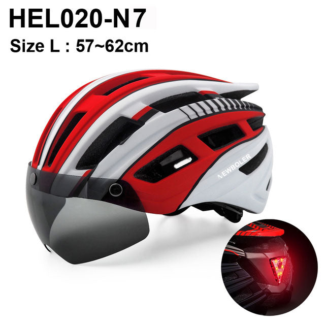 Casco de ciclismo NEWBOLER para hombre y mujer, casco con luz LED, lente para casco de bicicleta de montaña y carretera para montar en bicicleta, deportes, monopatín, Scooter