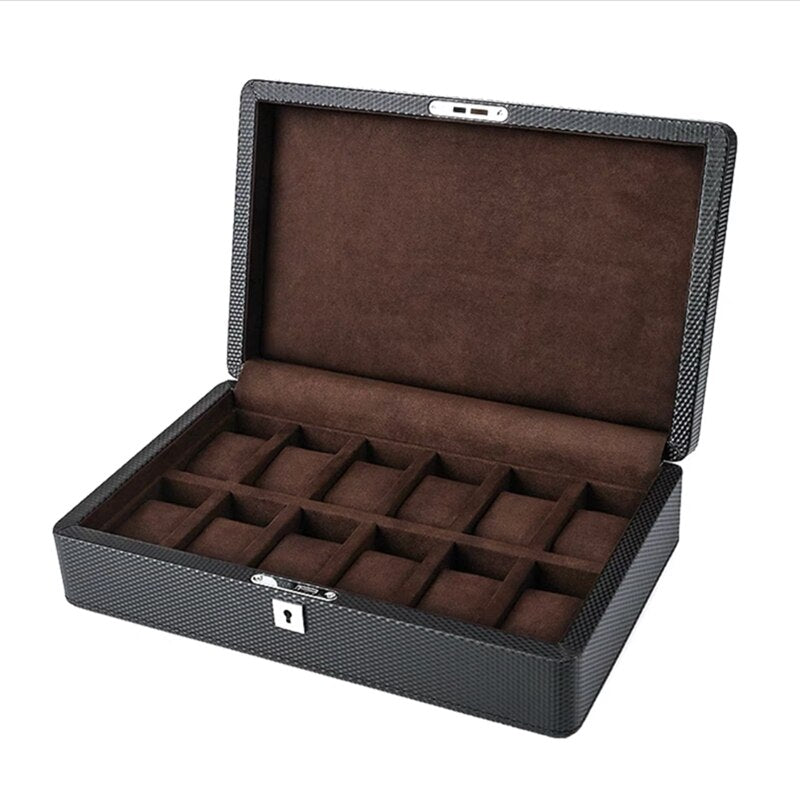 Caja de reloj de cuero con 3/6/12 ranuras, caja de almacenamiento de reloj negra, organizador con cerradura, caja de reloj de carbono de lujo para hombres, cajas de regalo