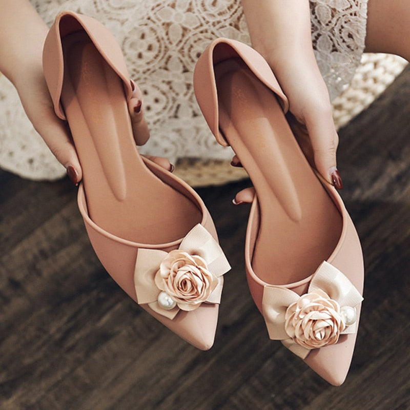 Woman Pumps High Heels Women Jelly Shoes Flower Designer 2020 Summer New Brown Indoor Pointed Set Foot Office Women Shoes