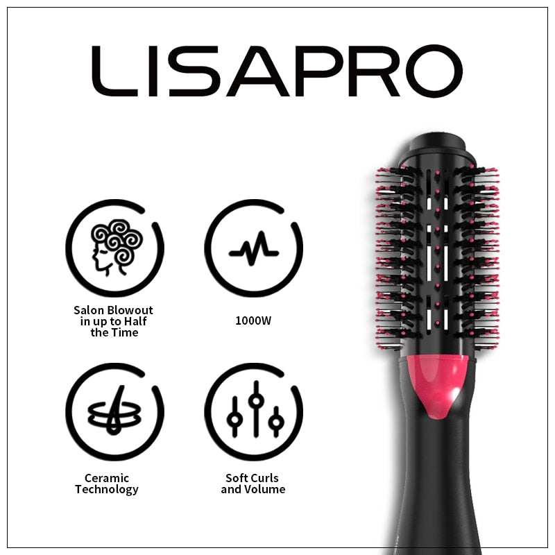 LISAPRO Hot Air Brush &amp;One-Step Hair Dryer  &amp;Volumizer 1000W Blow Dryer Soft Touch Pink Styler Gift&amp;Hair Curler Straightener