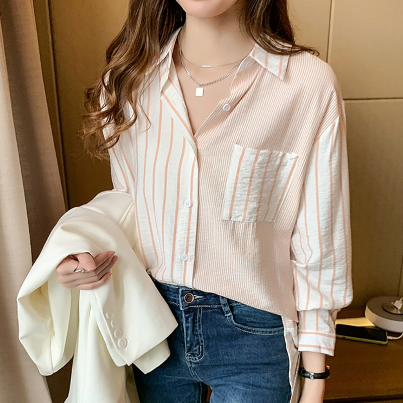 Shintimes Striped Casual Pockets Long Sleeve Shirt Women Cotton Blouse Ladies Clothes 2022 Button Womens Tops Chemisier Femme