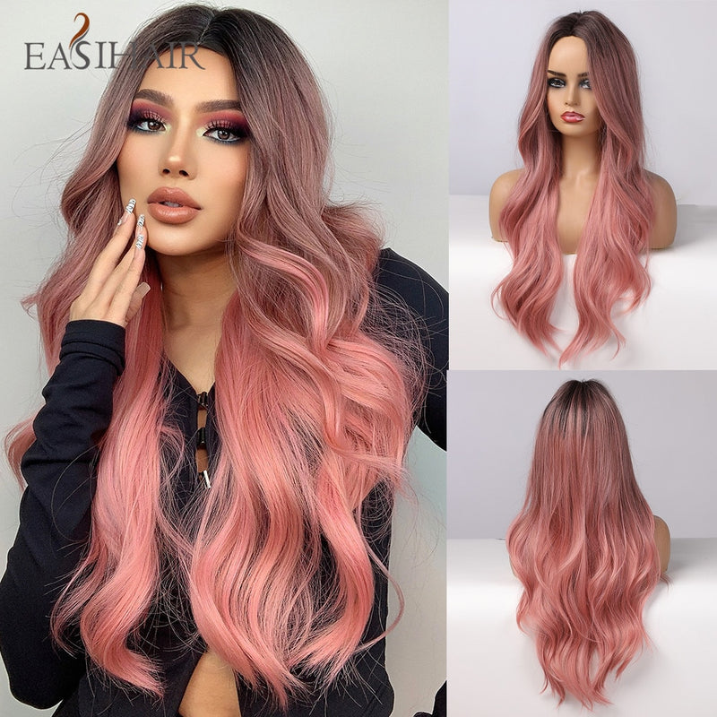 EASIHAIR Long Wavy Dark Brown Black Synthetic Wigs Natural Middle Part Hair Wigs for Women Daily Cosplay Party Heat Resistant