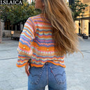 Cardigan Top Women Long Sleeve Single Button Decorated Slim Rainbow Striped Patchwork Women&
