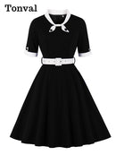 Tonval Green Contrast Bow Neck and Cuff Vintage Belted Dress Half Sleeve Autumn Women Fit and Flare Retro Swing Dresses