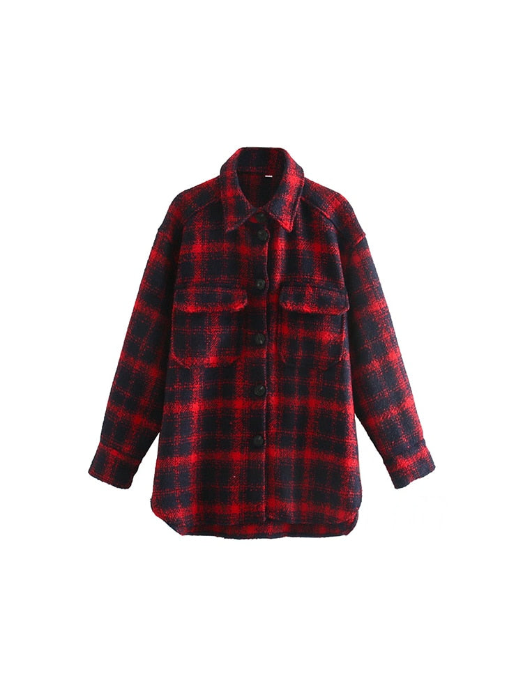 New Autumn Winter Women Jacket Checked Coat Long Sleeves Oversized Thicken Casual Fashion Women Coats Tops