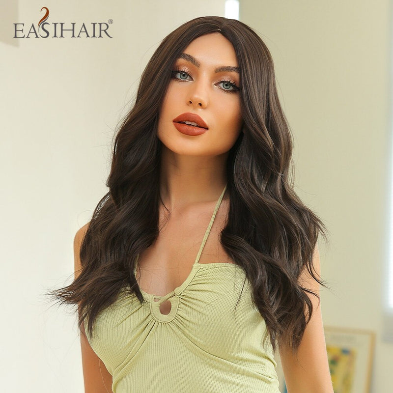 EASIHAIR Long Wavy Dark Brown Black Synthetic Wigs Natural Middle Part Hair Wigs for Women Daily Cosplay Party Heat Resistant