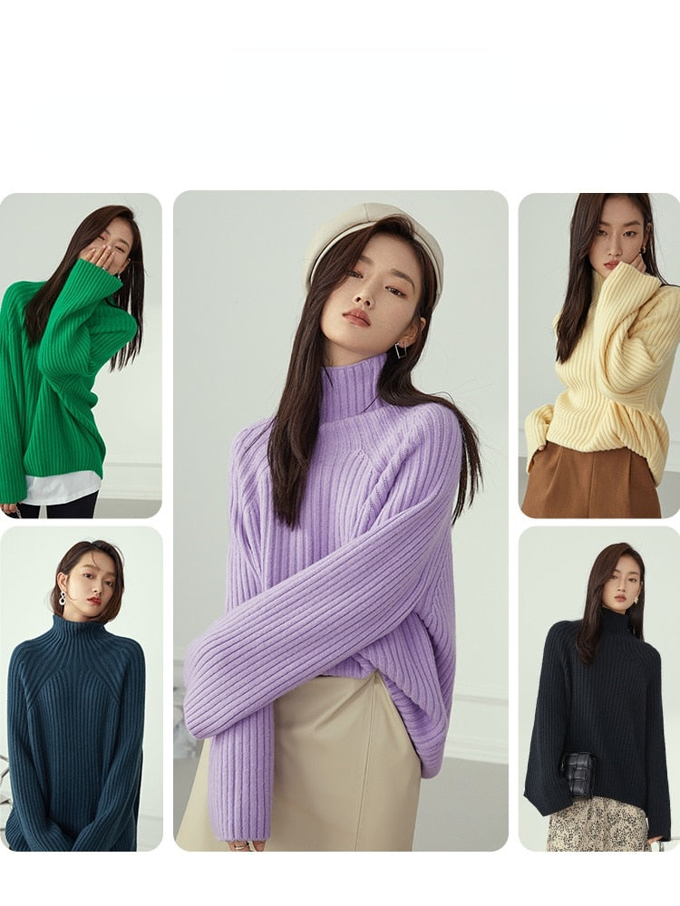 FSLE Rollkragenpullover mit langen Ärmeln, gestrickter Pullover, dicker, übergroßer, grüner Damenpullover, Vintage-Pullover für Frauen