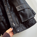 FTLZZ Slim PU Coats Women Faux Leather Jackets Vintage Motor Biker Jackets Elegant Tie Belt Waist Pockets Buttons Coats