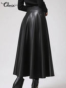 Celmia 2023 Autumn PU Leather Midi Skirts Women Elegant OL High Waist Party Skirt Fashion Office Lady Solid Jupe Street Faldas