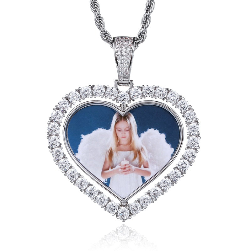 D&Z Custom Made Photo Rotating Heart Shape Double-sided Pendant Necklace 4mm Tennis Chain Zircon Men's Hip hop Jewelry