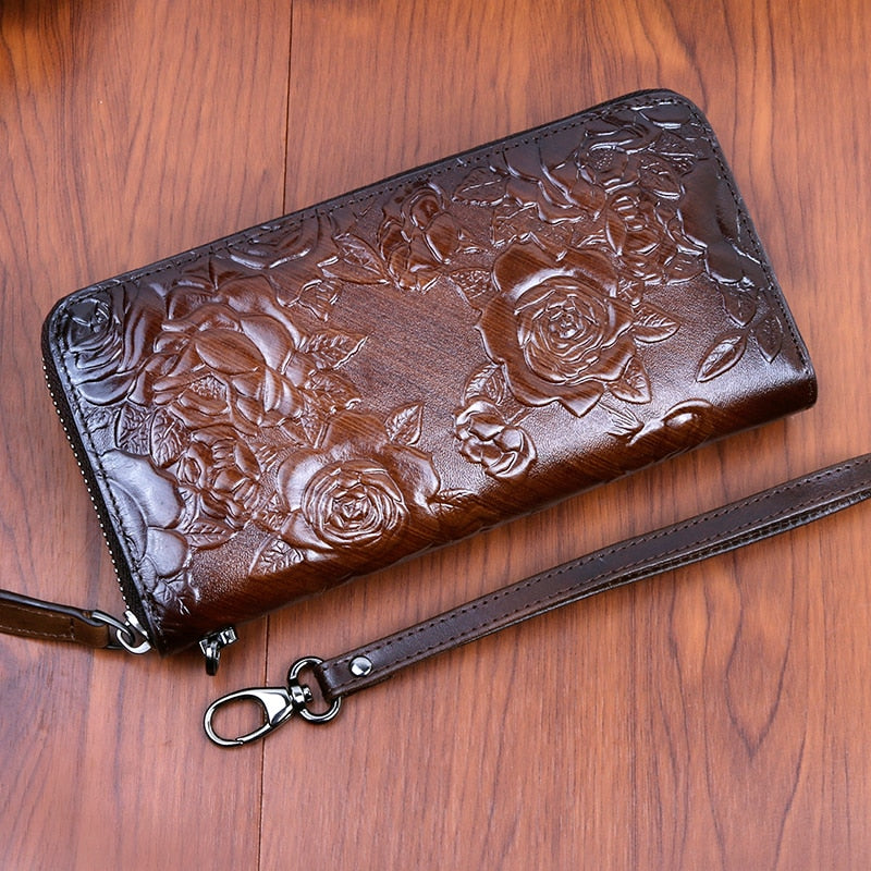 Genuine Leather Women Wallet Long Clutch Handy Bag Printing Rose flower Female Lady Card Retro Money Clips Purse