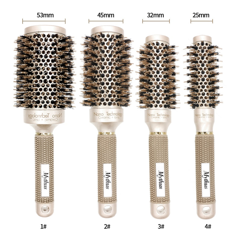 Mythus Professional Nano Technology Ceramic Ionic Hair Round Brush Boar Bristle Antistatic Heat Resistant Hair Curling Brushes