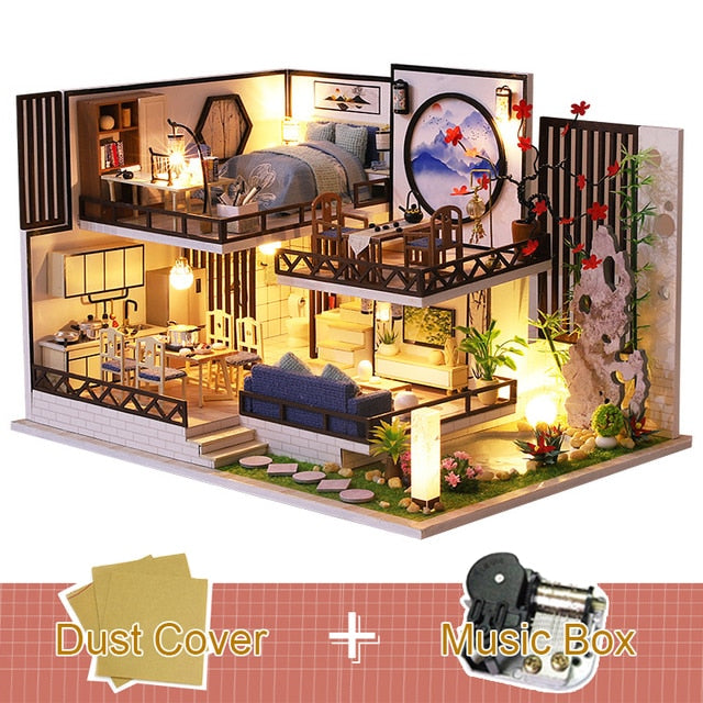 CUTEBEE Dollhouse Kit with Furniture Led Lights Diy Miniature House to Build Tiny Doll House Cozy Time for Children Toy Gift