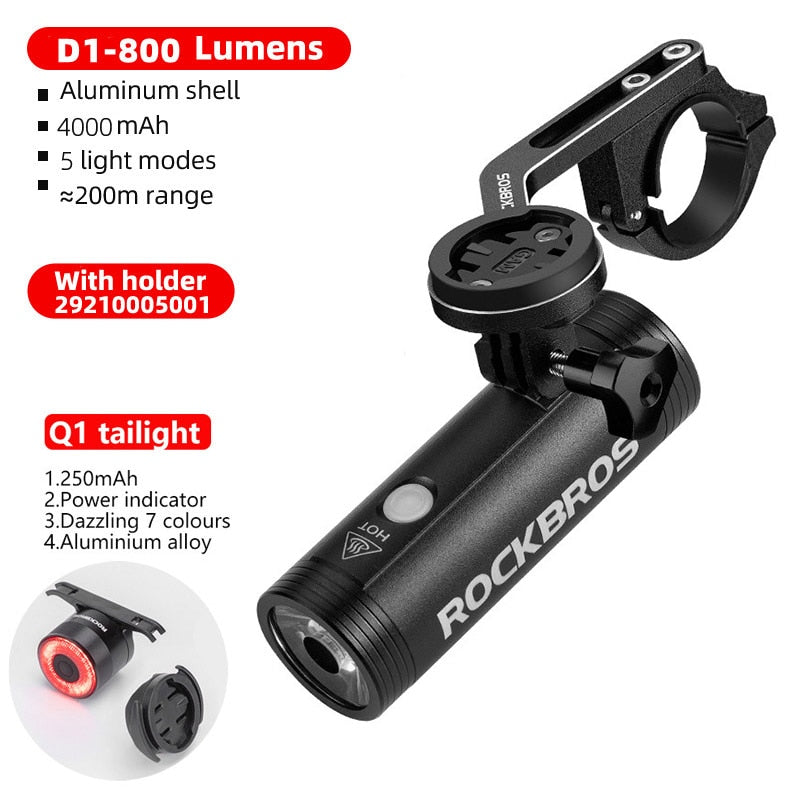 ROCKBROS 400-1000LM Fahrradlicht Fahrradscheinwerfer mit Halterung IPX3 USB wiederaufladbare Fahrradtaschenlampe Combo Out Front Holder
