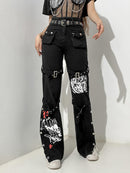 InsGoth Y2K Punk Skull Print Black Buckle Pants Harajuku High Waist Big Pocket Trousers Goth Mall Grunge Cargo Pants Techwear