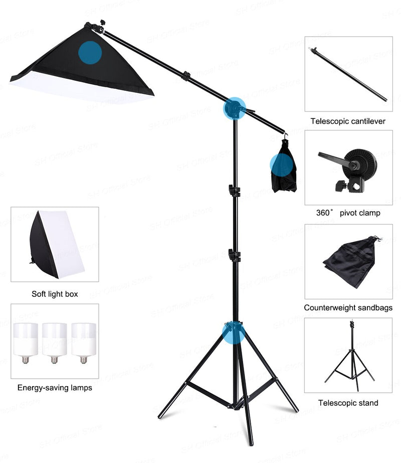 Photo Studio LED Softbox Lighting Kit Boom Arm Background Support Stand 3 Color Green Backdrop for Photography Video Shooting