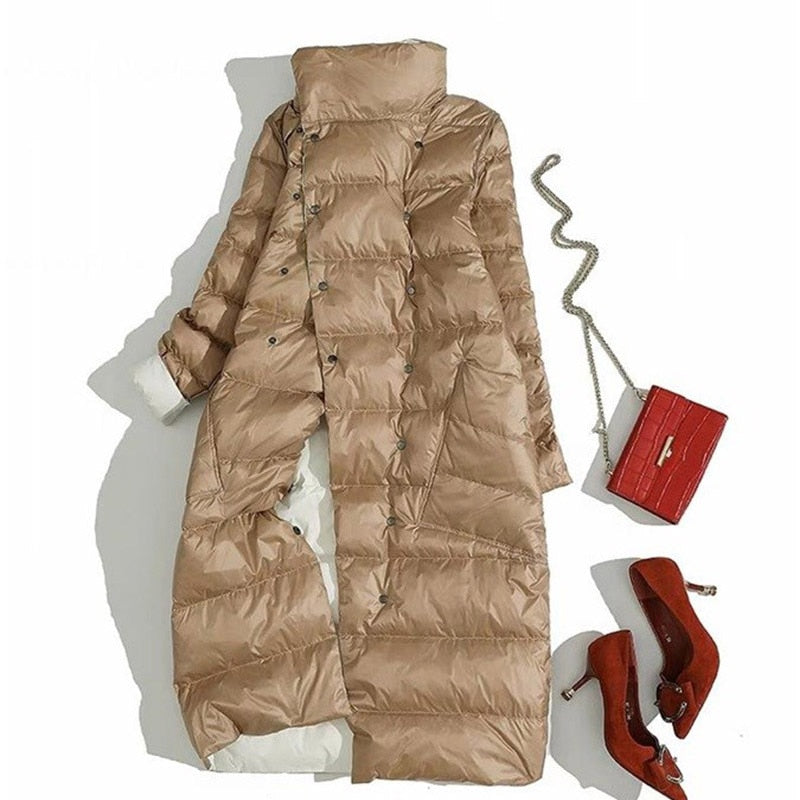FTLZZ 5XL, chaqueta larga de plumón de doble cara para mujer, abrigo de plumón de pato blanco, Parkas cálidas de invierno con doble botonadura, prendas de vestir para la nieve