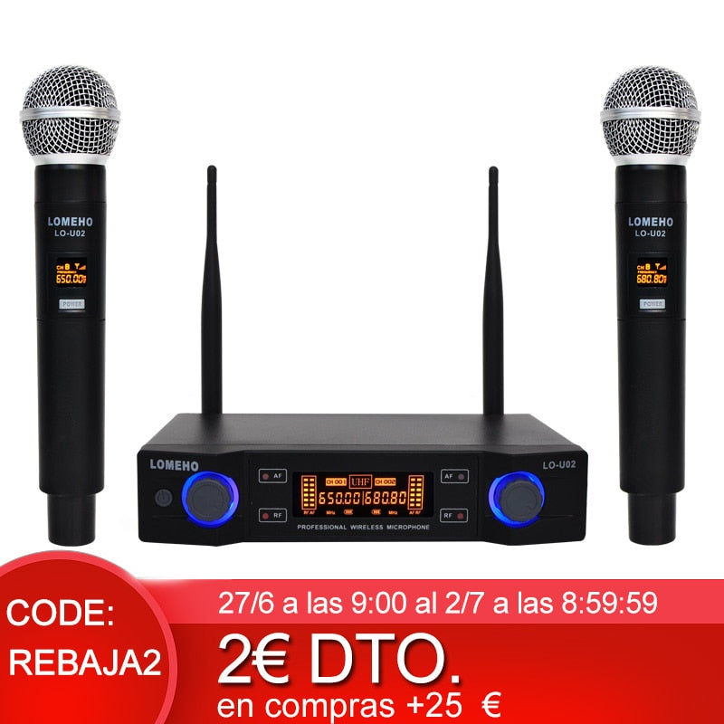 Lomeho 2 micrófono de mano frecuencias UHF cápsula dinámica 2 canales micrófono inalámbrico para sistema de Karaoke LO-U02