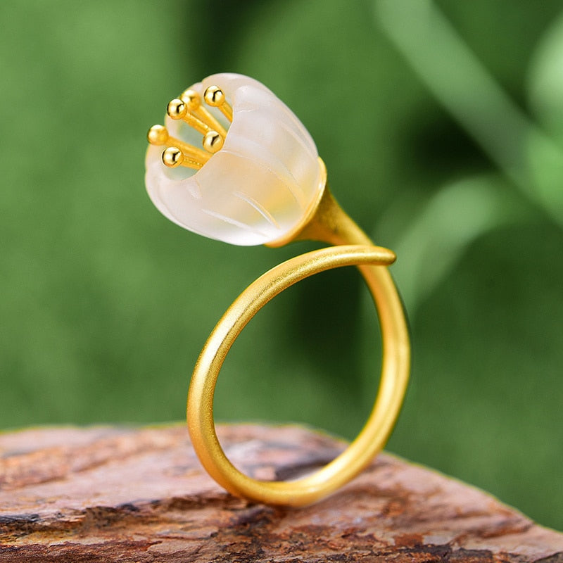 Lotus Fun Real 925 Sterling Silver 18k Gold Ring Natural Crystal Handmade Fine Jewelry Lily of the Valley Flower Rings For Women