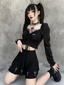 InsGoth Bandage Bodycon Langarm Crop Tops Damen Schwarz V-Ausschnitt Streetwear Punk Slim Tops Herbst Gothic Harajuku Top