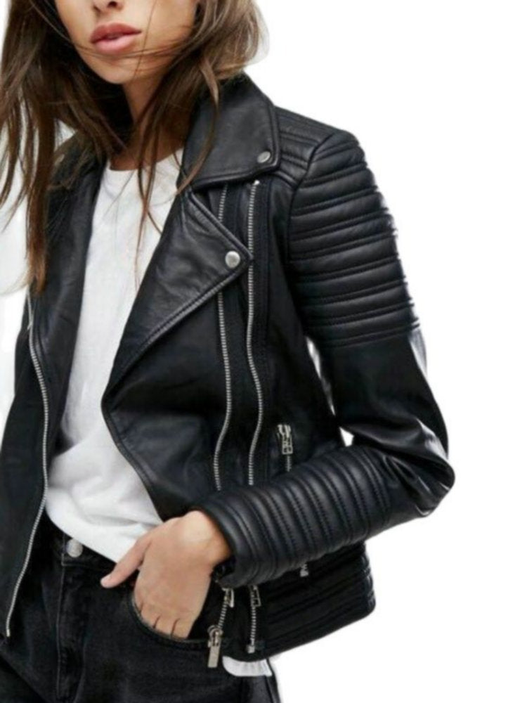 2022 New Fashion Women Autumn Winter Motorcycle Faux Leather Jackets Lady Long Sleeve Biker White PU Punk Streetwear Black Coats