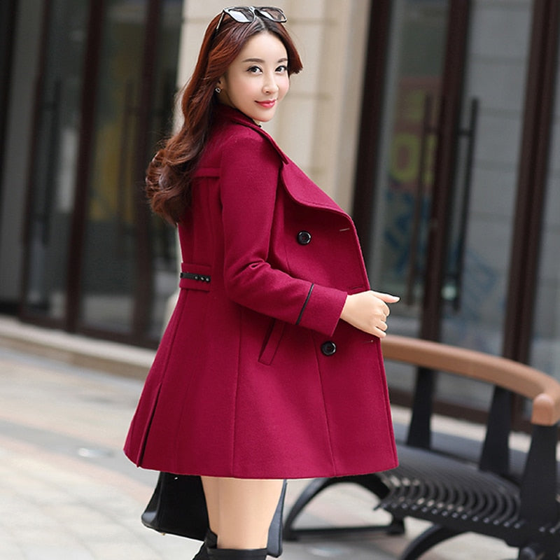FTLZZ Women Wool Blend Warm Long Coat Size Female Slim Fit Lapel Woolen Overcoat Autumn Winter  Cashmere Outerwear