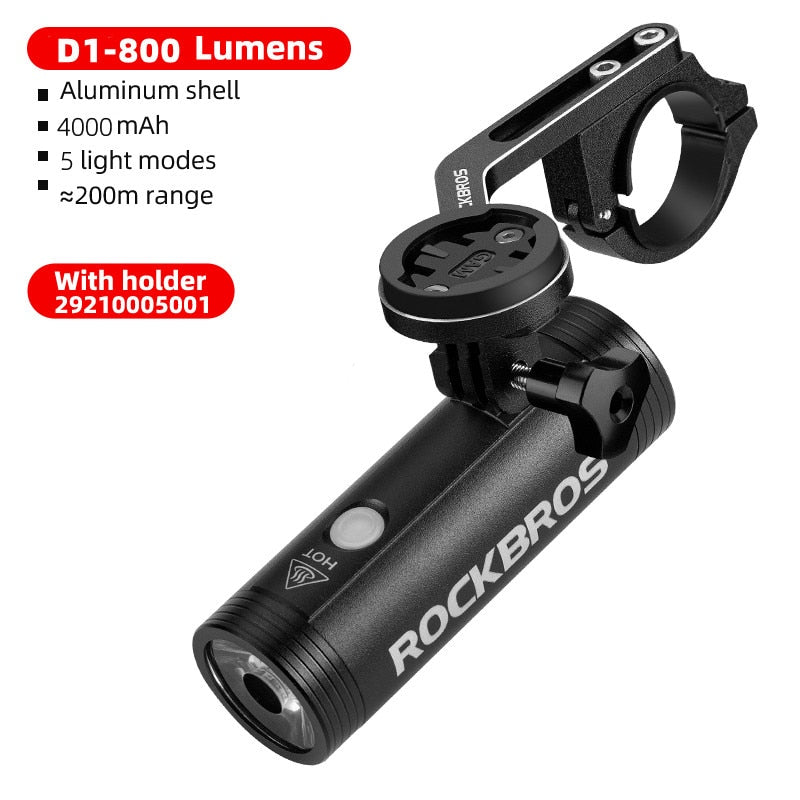 ROCKBROS 400-1000LM Fahrradlicht Fahrradscheinwerfer mit Halterung IPX3 USB wiederaufladbare Fahrradtaschenlampe Combo Out Front Holder