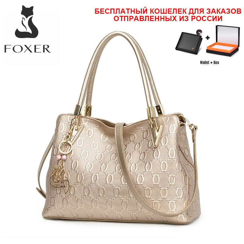 FOXER Occident Style Gold Tote Women's Split Leather Large Capacity Handbag Fashion Ladies Commute Luxury Shoulder Crossbody Bag