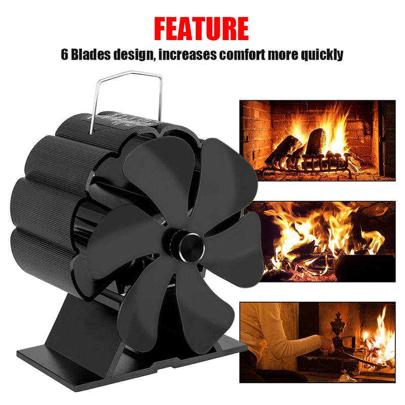 6 Blades Heat Powered Stove Fan Black Fireplace komin Log Wood Burner Eco Friendly Quiet Fan Home Efficient Heat Distribution