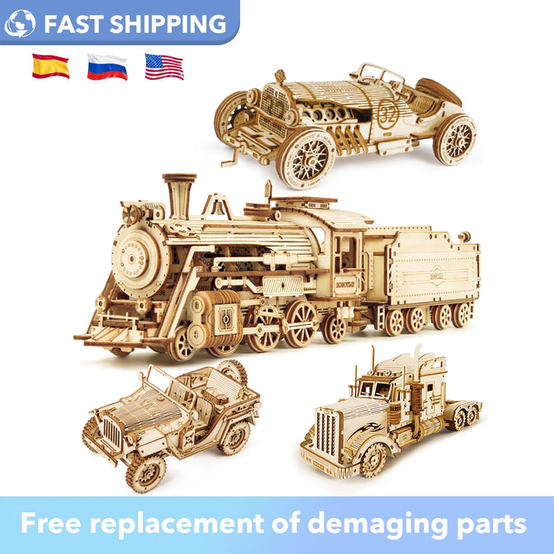 Robotime Rokr, tren mecánico de madera, rompecabezas 3D, coche de juguete, montaje de modelo de locomotora, Kits de construcción para niños, regalo de cumpleaños