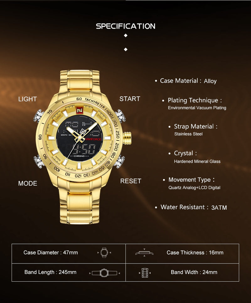 NAVIFORCE Luxury Brand Mens Watches Military Sport Digital Quartz WristWatch For Men Stainless Steel Waterproof Big Clock Male