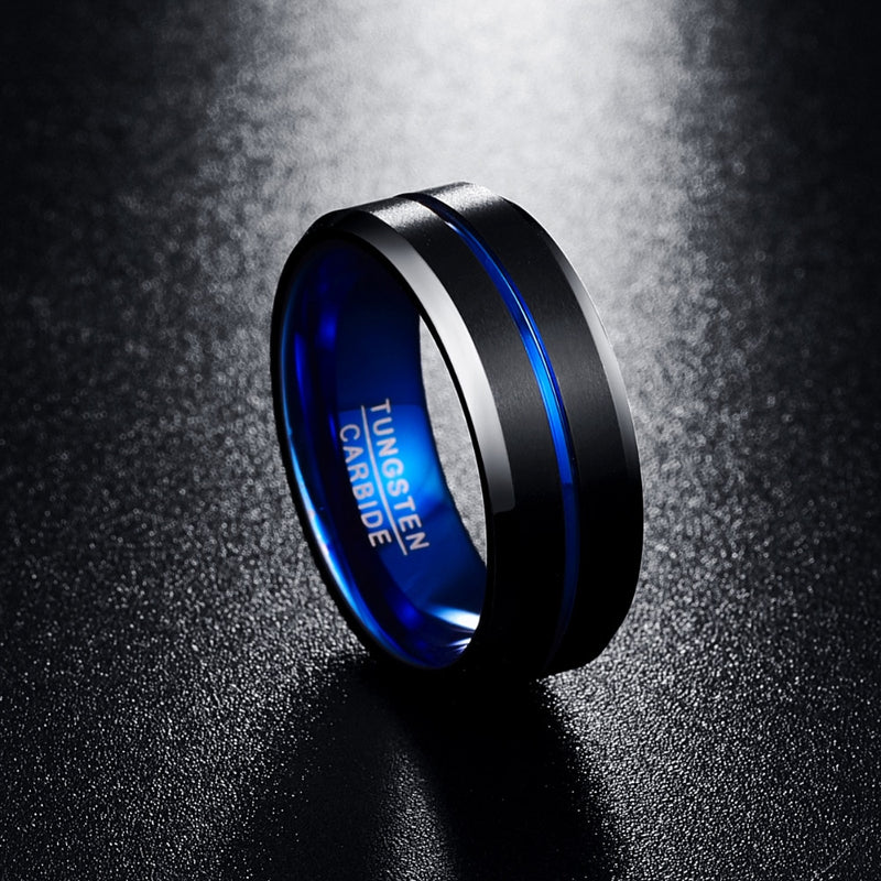 NUNCAD Herren-Ring aus Wolframcarbid, 8 mm, blau und schwarz, matt, mit abgeschrägten Kanten