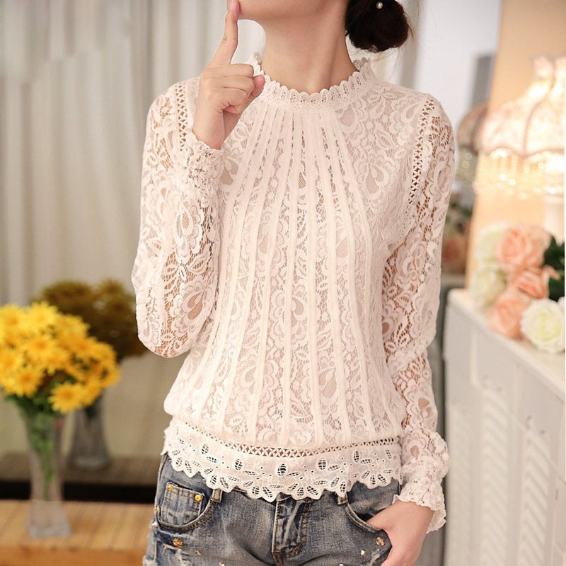 2022 Fashion Summer White Lace Women&#39;s Clothing Long Sleeve Chiffon Women Shirts Blouses Blusas Black Women&#39;s Tops Blouse 51C