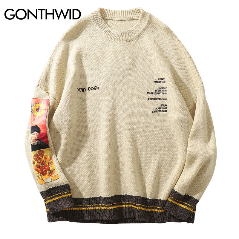 Men Knitted Sweater Streetwear Hip Hop Embrodiery Letter Van Gogh Patchwork Pullover Sweaters Harajuku Casual Loose Sweater