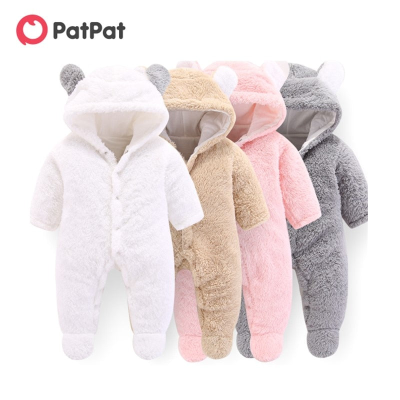 PatPat New Winter Warm Cotton Casual Newborn Cute Bear Design winter Hooded Jumpsuit Bag Foot Romper For Baby Boy Baby Girl