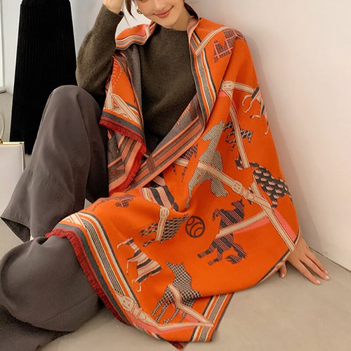 New Warm Scarf Women's Cashmere Shawl Mid-Length Fashion Lady Carriage Chain Decorative Foulard Pashmina Female Blanket 2022