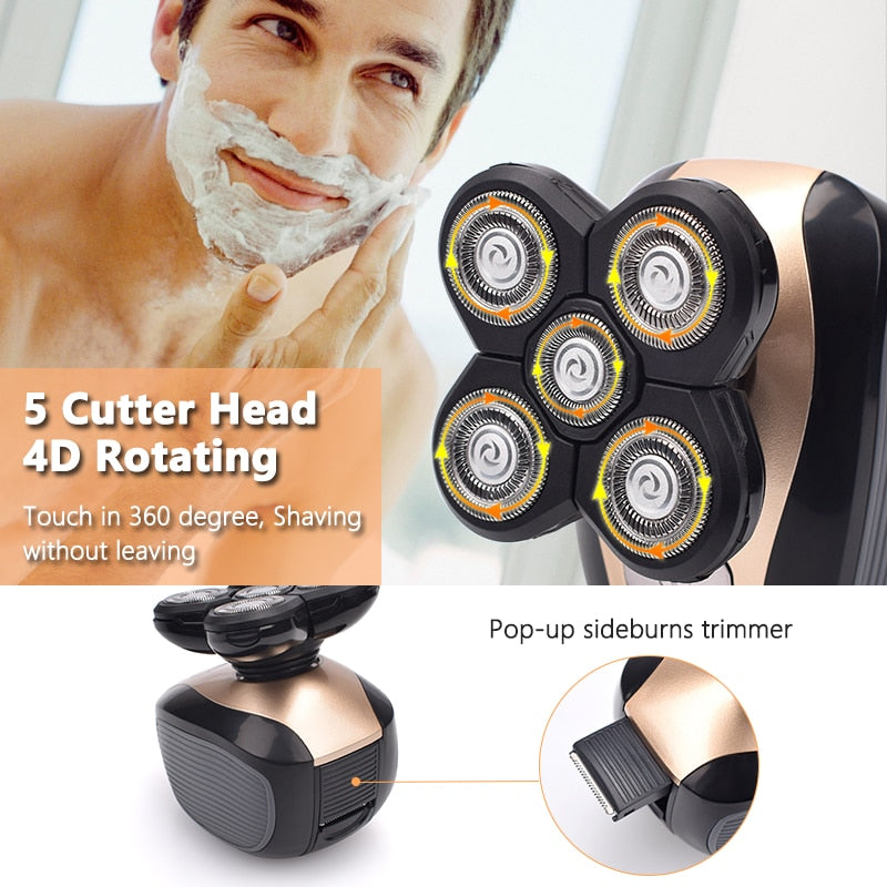 Afeitadora eléctrica de cabeza calva recargable 5 en 1 4D para hombres, 5 cabezas flotantes, recortadora de pelo para barba, nariz, oreja, maquinilla de afeitar, cepillo Facial