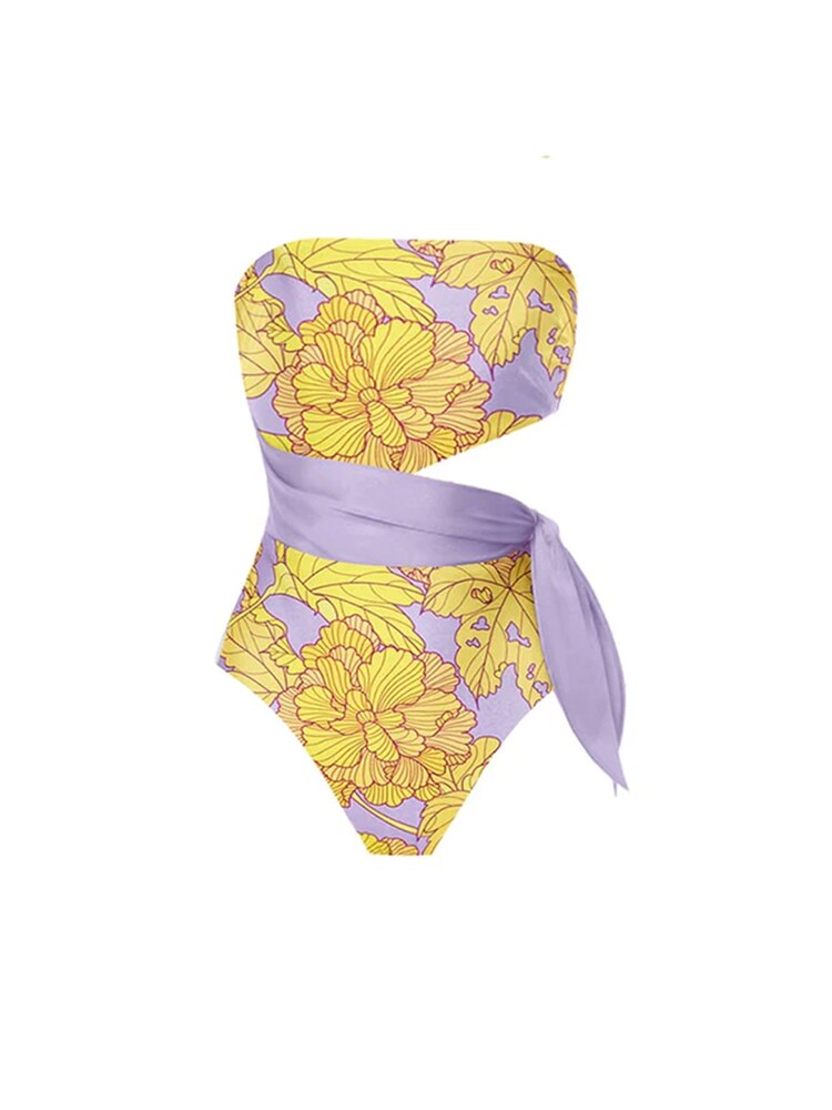 Vintage Purple with Yellow Leaves Bikini Sets Swimsuit & Skirt Hollow Out One Piece Off Shoulder Swimwear Beach Bathing Suits