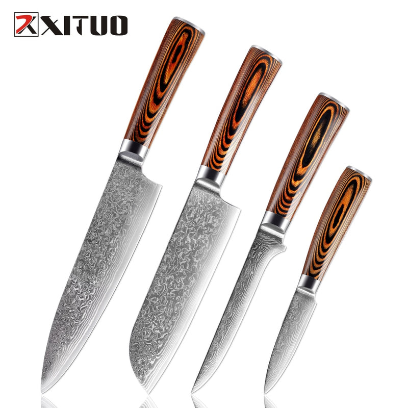 XITUO 1-4-teiliges Küchenmesser-Set aus japanischem Damaststahl, Küchenmesser, VG10, Koch, Ausbeinen, Schälmesser, Santoku, Allzweckmesser, Holzgriff