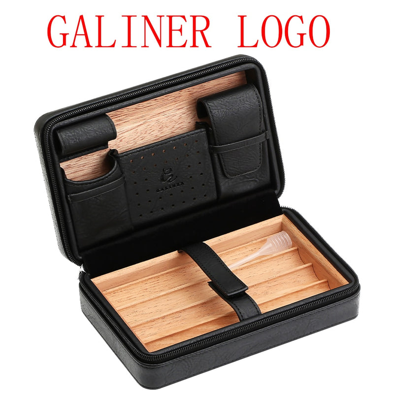 GALINER Portable Cedar Wood Cigar Humidor Box Travel Leather Cigar Case Storage 4 Cigars Box Humidor Humidifier For Sigar